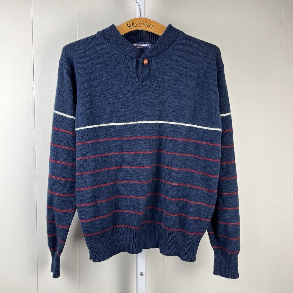 Vintage Tournament by Arrow Sweater Mens‎ Large Navy Blue Red Stripe Acrylic